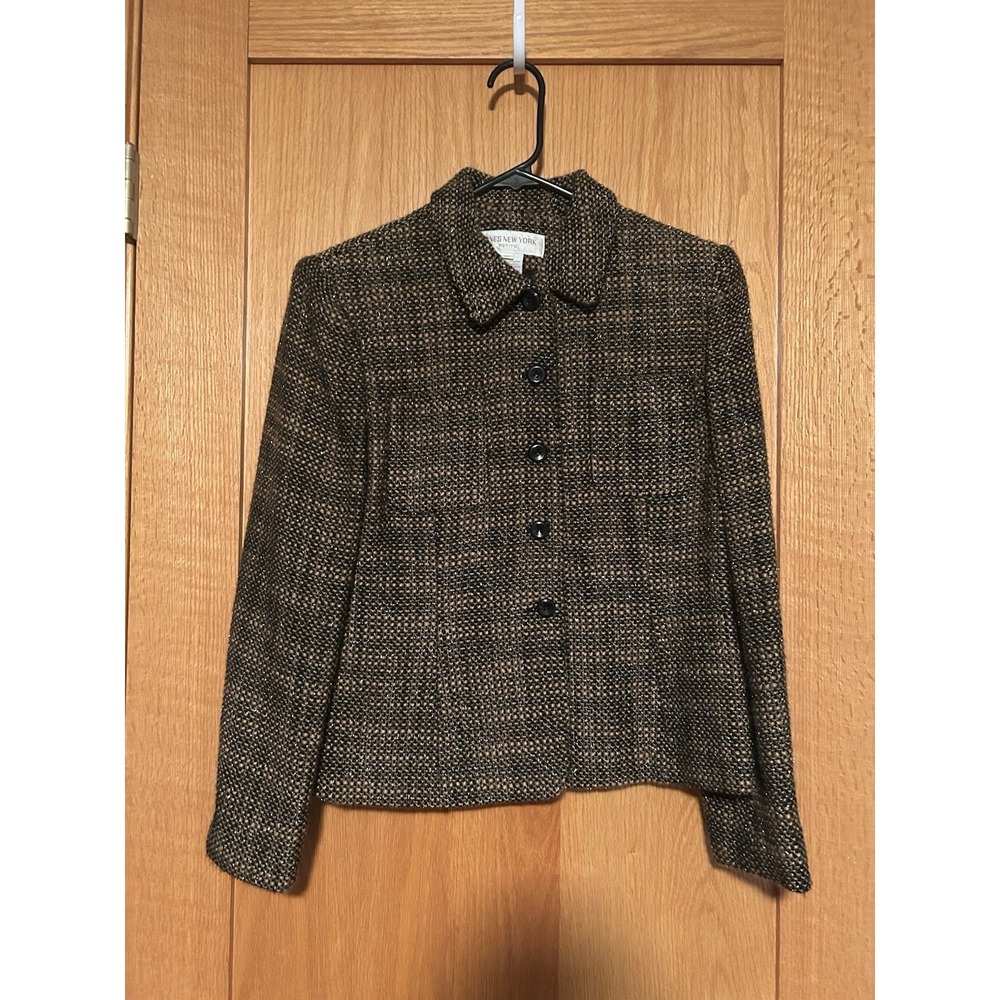 Vintage Brown Metallic Tweed Wool Jones New York Women's Blazer Jacket Size 8P